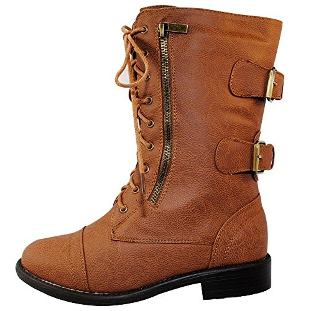 Top Moda Combat Style Lace-Up Mid-Calf Boots | Faux Leather + Buckle Detail - Picture 3 of 8